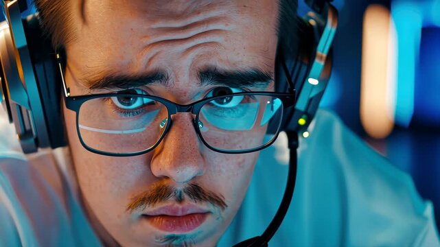 Focused Gamer: Intense concentration is etched on the face of a dedicated gamer as he immerses himself in the virtual world, a headset and glasses perched perfectly