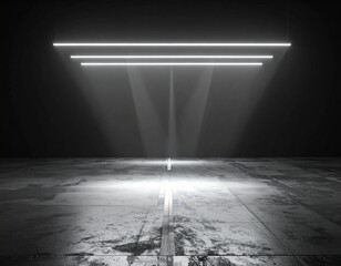 Minimalist dark industrial space with dramatic linear LED strip lights illuminating a textured concrete floor