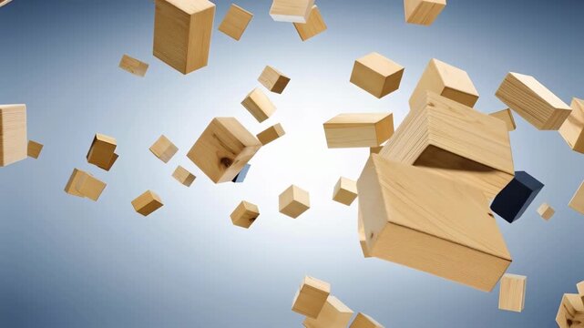 Cubical Harmony: An artistic composition of wooden cubes floats in a dynamic arrangement, forming an abstract representation of structure and creativity.