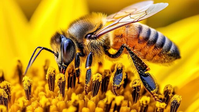 Bee's Floral Feast: A close-up reveals a diligent bee, its body dusted with pollen, immersed in the nectar-rich heart of a sunflower.