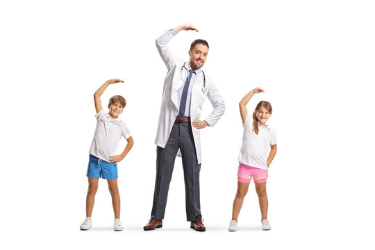 Full length shot of a male doctor doing a side-stretch exercise with two children