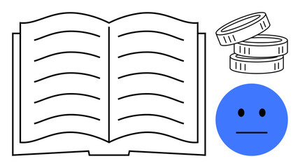 Education, financial planning, emotional expression, knowledge management, budgeting strategies, human emotions. Open book, coins and a blue neutral face emotion. Education and financial planning