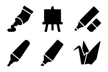 Obraz premium Art icons: paint tubes, easel, markers, and origami in bold silhouette design