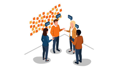 Fototapeta premium Isometric team collaboration in modern office with sticky notes and speech bubbles