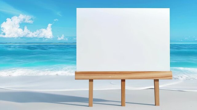 Coastal Canvas: A blank canvas stands poised on a wooden easel, overlooking a tranquil tropical beach, offering a space for inspiration, imagination, and potential.