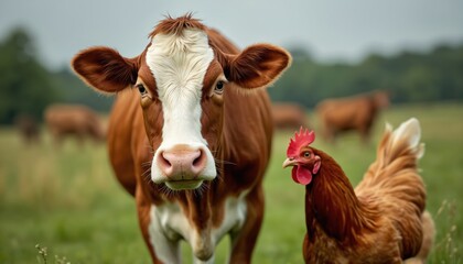 Brown and white cow stands in green grass near red chicken. Other cows graze in pasture background. Rural farm animal scene outdoors. Peaceful nature setting.