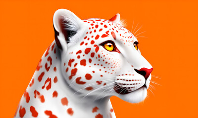 Stunning White Leopard with Red Spots Gazing Right on Vibrant Orange Background