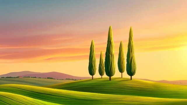 Tuscan Serenity: A scenic landscape captures the essence of Tuscany with rolling hills, a cluster of cypress trees silhouetted against a vibrant sunset sky. 