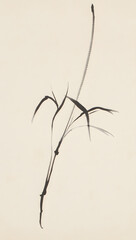 Japanese wabi-sabi ink stroke: single bamboo branch, sumi-e style, soft bleed, isolated on washi paper