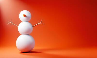 Minimalist 3D Snowman with Carrot Nose on Vibrant Orange Studio Background, Winter Holidays Concept.