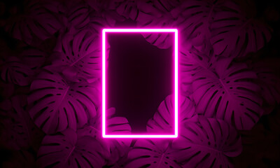 Modern glowing pink neon rectangular frame on a dark background with vibrant tropical monstera leaves