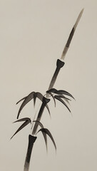 Japanese wabi-sabi ink stroke: single bamboo branch, sumi-e style, soft bleed, isolated on washi paper