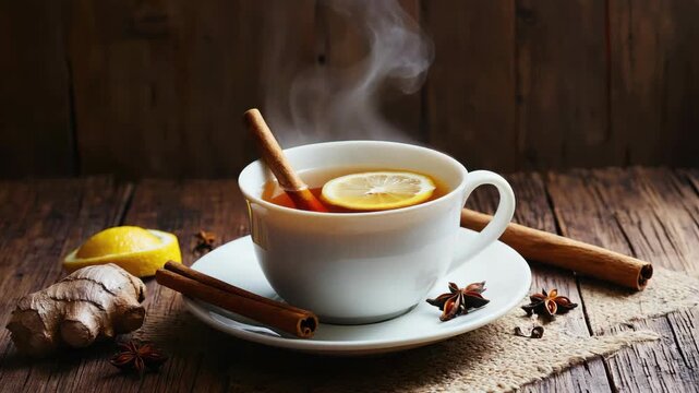 Spicy hot beverage in a white cup, featuring natural ingredients like ginger root and lemon. Perfect for cold days or relaxation.