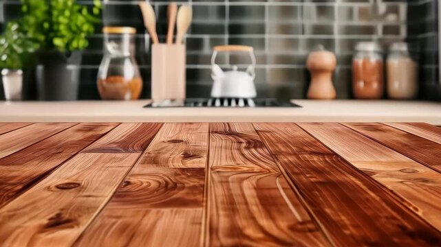 Wood Countertop with Kitchen Interior: A wooden countertop offers a warm and inviting foreground against a blurred kitchen interior, featuring jars, utensils and stove