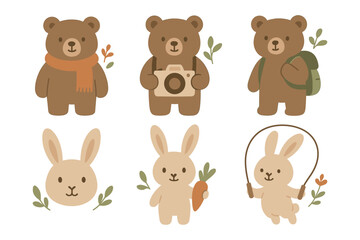 Obraz premium Cute animal cartoon characters: bears and bunnies in cozy autumn theme