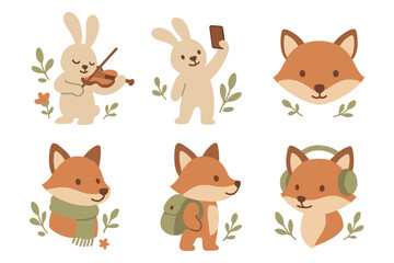 Cute animals with musical instruments and accessories in soft pastel style