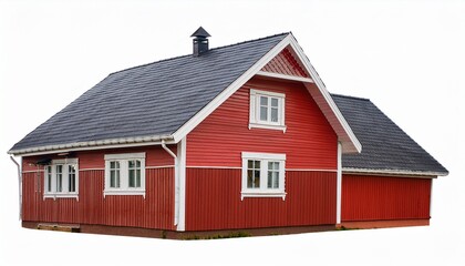 Obraz premium red wooden house with white trim and dark roof isolated on white background