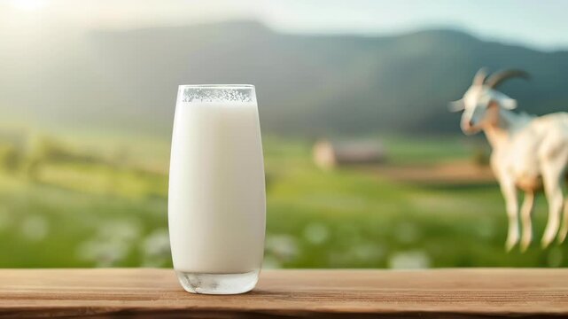 Fresh Goat Milk: A pristine glass of goat milk sits elegantly on a wooden table, with the picturesque background of a lush green pasture.
