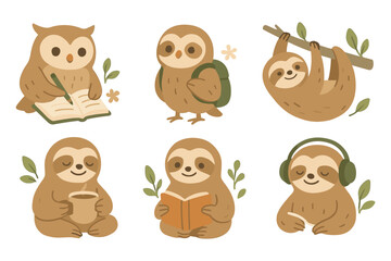 Fototapeta premium Adorable owl and sloth characters in various activities with books and nature elements