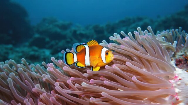 Nemo swimming among coral reef.