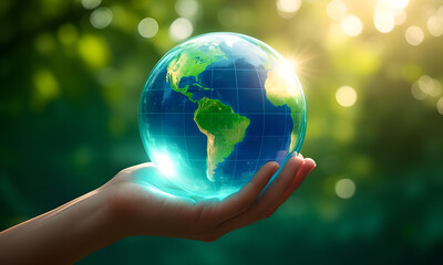 Human hand holding a glowing Earth globe in nature, symbolizing environmental protection and global care.
