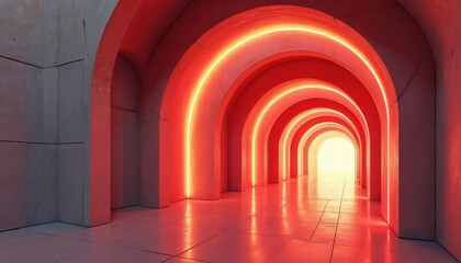 Futuristic red tunnel with glowing arches receding into bright light. Geometric architecture, interior perspective, clean modern design. Endless path, symmetrical arches, warm vibrant illumination.
