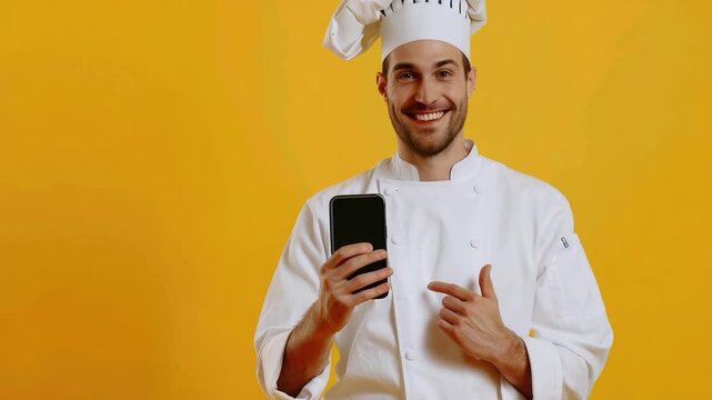 Video A chef in a kitchen setting holds a cell phone, possibly checking recipes or taking a call