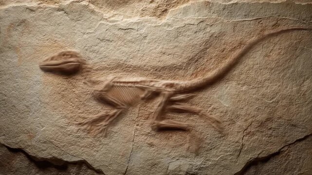Fossilized small reptile skeleton on sandstone, slender limbs, elongated tail, skull well preserved