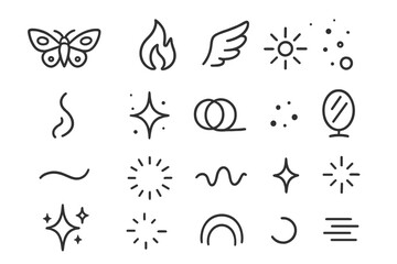 Light Transformation Icons. Line style icons of light and transformation: moth, flame, wing, glow, candle, smoke, spark,