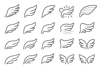 Ethereal Wing Icons. Line style icons of ethereal wings: angelic plume, delicate arc, feather line, energy flow, aura halo, wind