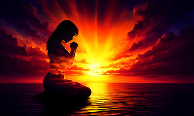 Woman's silhouette kneeling in prayer against a dramatic, fiery sunset over tranquil ocean waters.
