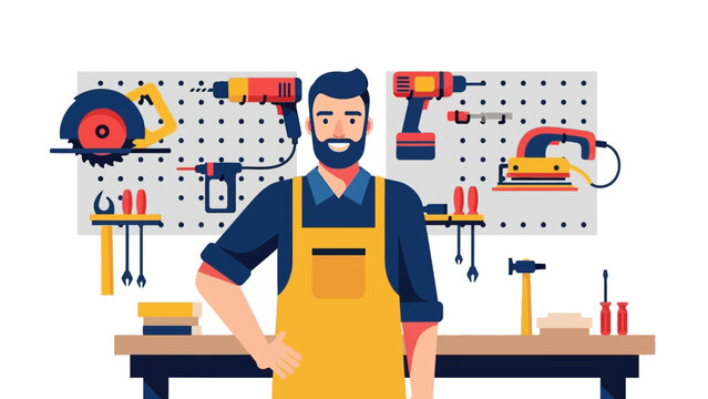 Handyman in workshop with tools on pegboard in flat design style