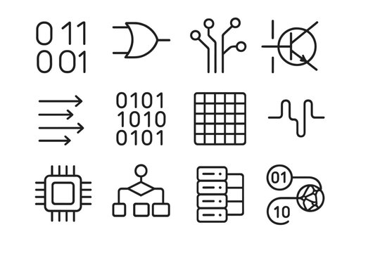 Binary Systems Icons. Line style icons of binary systems: 0 and 1 digits, logic gate, circuit path, transistor, data flow, code