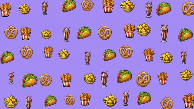 Pattern with tacos, pretzels, fries, nachos, and milkshake icons. Ideal for restaurant menus, food blogs, social media graphics, and packaging designs.