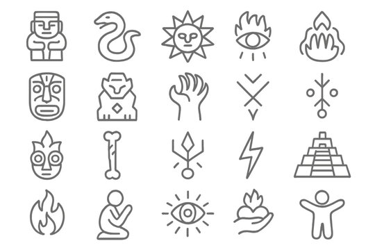 Primal Deity Icons. Line style icons of primal deities: stone statue, serpent god, sun crown, flame eye, totem face, obsidian idol