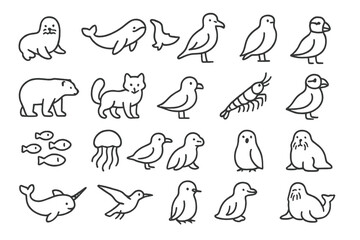Arctic Wildlife Icons. Line style icons of arctic wildlife: seal, whale, orca, albatross, polar bear, arctic fox, snow petrel,