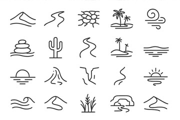 Desert River Icons. Line style icons of Desert Rivers: sand dune, dry bed, cracked earth, mirage, wind swirl, stone ripple, cactus
