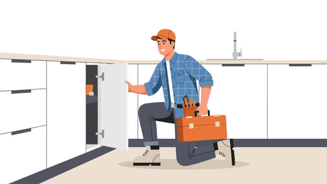 Professional handyman fixing kitchen cabinet in modern home setting - Powered by Adobe