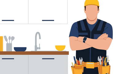 Confident handyman in modern kitchen with tools ready for home repair