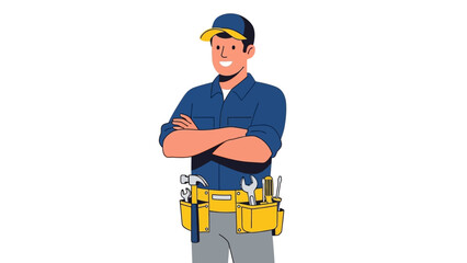 Confident handyman in blue uniform with tool belt and cap