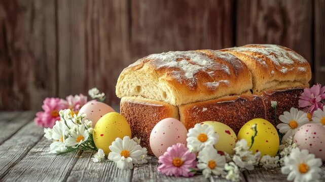 A rustic loaf of bread on a wooden tabletop surrounded by colorful Easter eggs and small flowers in bloom.