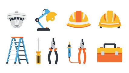 Essential construction tools with hard hats and safety gear in flat