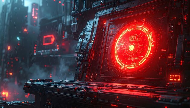 Cyberpunk cityscape with neon lights and advanced technology displays in rain - Powered by Adobe