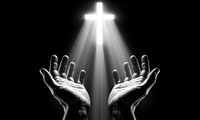 Hopeful hands praying towards a radiant Christian cross, with beams of divine light on black.
