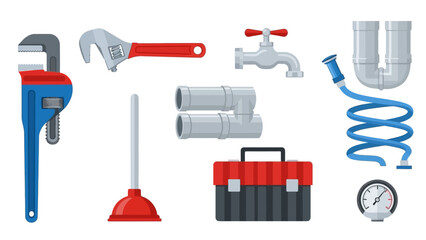 Comprehensive plumbing tools set featuring wrench, pipes, and toolbox