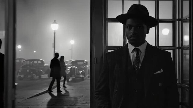 The man is dressed sharply with a hat and coat on, standing in the entrance of an old building. The scene has a dramatic and mysterious atmosphere.