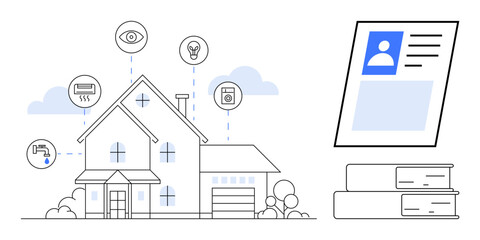 Smart home system. Smart home connected devices for security and automation. Smart home ecosystem integrates security cameras, lights, and data protection services. For IoT, home automation, AI