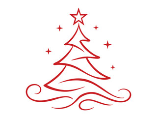 Red christmas tree with star and swirls, line art outline on white background. continuous one line drawing. holiday decoration, festive season, winter celebration, design element, icon, logo