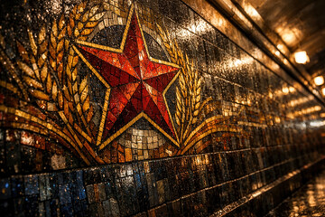 Mosaic Wall Art Featuring Large Red Star With Golden Wheat Sheaves In Dim Lighting