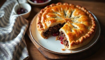 Golden brown tourtiere meat pie with flaky pastry crust served on white plate. Savory mince filling with cherries peeks from slice. Delicious french canadian cuisine.
